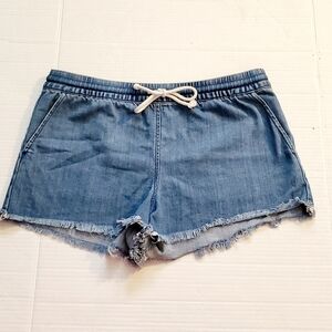 Aerie Medium Wash Stretch Drawstring Waist Denim Jean Shorts Raw Hem Size Medium